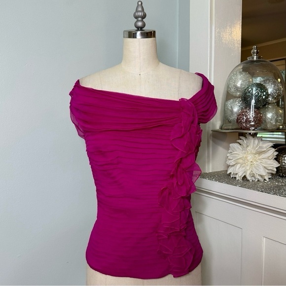 Tadashi Shoji Tops - Tadashi Collection Pink Silk Ruched & Ruffled Blouse Size 6